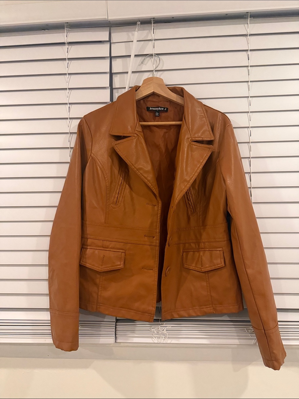 Jennifer J. Women's Tan Faux Leather Blazer Jacket